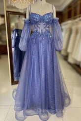 Lavender Off-The-Shoulder Sequins Applique Boning Long Evening Prom Dresses