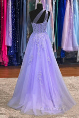 Lavender One Shoulder Appliques Lace Evening Prom Dresses