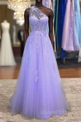 Lavender One Shoulder Appliques Lace Evening Prom Dresses