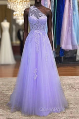 Lavender One Shoulder Appliques Lace Evening Prom Dresses