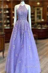 Lavender Evening Prom Dresses, Princess Halter Long/Floor-Length Lace Tulle Evening Prom Dresses With Appliqued Beading