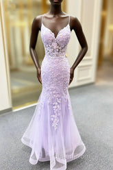Lavender Spaghetti Straps Mermaid Evening Prom Dresses With Appliques