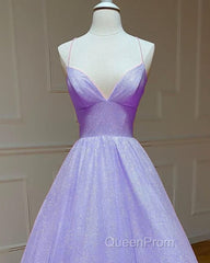 Lavender Sparkly Evening Prom Dresses V Neck Ball Gown