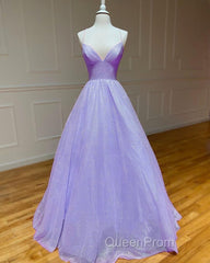 Lavender Sparkly Evening Prom Dresses V Neck Ball Gown