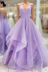 Lavender Tulle Long A-Line Evening Prom Dresses, Lavender Beautiful Spaghetti Strap Evening Dresses