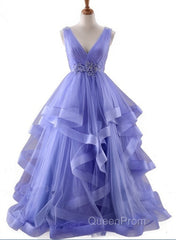 Lavender Tulle V-Neckline Layers Long Sweet 16 Dresses, Light Purple Evening Prom Dresses Party Dresses