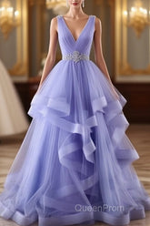 Lavender Tulle V-Neckline Layers Long Sweet 16 Dresses, Light Purple Evening Prom Dresses Party Dresses