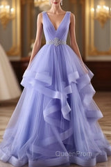 Lavender Tulle V-Neckline Layers Long Sweet 16 Dresses, Light Purple Evening Prom Dresses Party Dresses