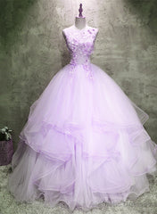 Lavender Tulle with Flowers Ball Gown Sweet 16 Dress, Lavender Long Formal Dress