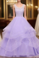 Lavender Tulle With Lace Ruffled Long Formal Gown, Ball Gown Sweet 16 Dresses