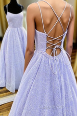 Lavender Spaghetti Strap Sparkly Evening Prom Dresses Long, Shiny Long Evening Dresses