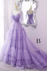 A Line V Neck New Style Tiered Long Tulle Evening Prom Dresses, Evening Gown with Flower