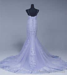 Lavener Tulle with Lace Sheath Spaghetti Straps Evening Dresses, Long Prom Dresses