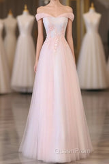 Light Pink Lace Off Shoulder Lonng Evening Prom Dresses, Pink Evening Dresses