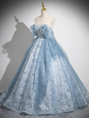 Light Blue A-Line Lace And Tulle Long Party Dresses, Blue Round Neckline Evening Prom Dresses