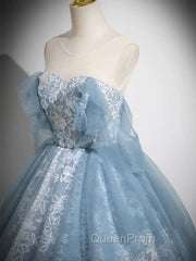 Light Blue A-Line Lace And Tulle Long Party Dresses, Blue Round Neckline Evening Prom Dresses