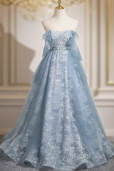 Light Blue A-Line Lace And Tulle Long Party Dresses, Blue Round Neckline Evening Prom Dresses