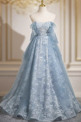 Light Blue A-Line Lace And Tulle Long Party Dresses, Blue Round Neckline Evening Prom Dresses
