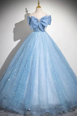 Light Blue A-Line Off Shoulder Tulle Sequins Long Evening Prom Dresses Evening Dresses