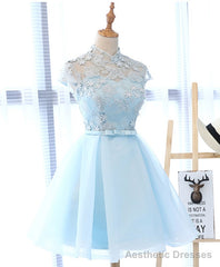 Light Blue Applique Short Prom Dress, Blue Homecoming Dress
