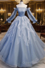 Light Blue Ball Gown Long Sleeves Beaded Party Dresses, Light Blue Evening Prom Dresses