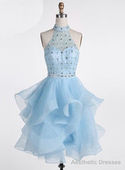 Light Blue Beaded Layers Knee Length Party Dress, Blue Homecoming Dress Short Prom Dress