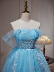 Light Blue Beaded Sweetheart Tulle Lace-up Party Dress, Blue Short Homecoming Dress