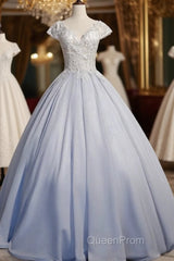 Light Blue Cap Sleeves Lace Top Ball Gown Sweet 16 Gown, Light Blue Evening Prom Dresses Formal Dresses