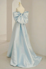 Light Blue Chic Satin Off Shoulder Long Party Dresses, A-Line Light Blue Formal Dresses