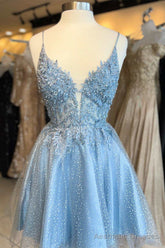 Light Blue Floral Lace Plunge Neck A-Line Short Party Dress