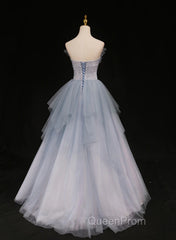 Light Blue Gradient Tulle With Beaded Long Formal Dresses, Light Blue Long Evening Prom Dresses