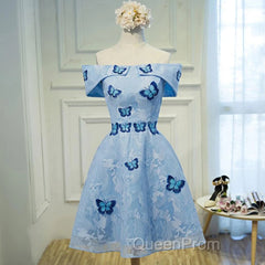 Light Blue Lace With Butterflies Short Homecoming Dresses, Blue Evening Prom Dresses