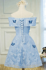Light Blue Lace With Butterflies Short Homecoming Dresses, Blue Evening Prom Dresses