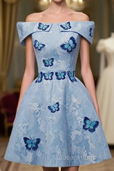 Light Blue Lace With Butterflies Short Homecoming Dresses, Blue Evening Prom Dresses