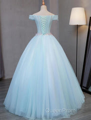 Light Blue Long Floral Tulle Sweet 16 Dresses, Quinceanera Dresses