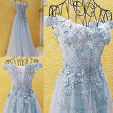 Light Blue Off Shoulder Long Party Dress with Flowers, Tulle Blue Evening Dress Prom Dress