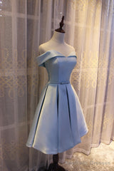 Light Blue Off Shoulder Satin Bridesmaid Dress, Blue Short Formal Dress