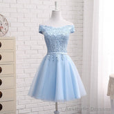 Light Blue Off Shoulder Tulle Party Dress, Blue Homecoming Dresses