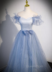Light Blue Off Shoulder Tulle Sweetheart Formal Dresses, Light Blue A-Line Evening Prom Dresses