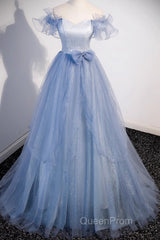 Light Blue Off Shoulder Tulle Sweetheart Formal Dresses, Light Blue A-Line Evening Prom Dresses