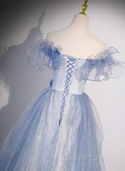 Light Blue Off Shoulder Tulle Sweetheart Formal Dresses, Light Blue A-Line Evening Prom Dresses