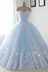 Light Blue Princess Ball Gown Sweet 16 Gown, Tulle Formal Dresses With Lace Applique