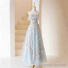 Light Blue Prom Dresses Fairy,Long Blue Tulle Floral Appliques Formal Dresses