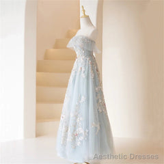 Light Blue Prom Dresses Fairy,Long Blue Tulle Floral Appliques Formal Dresses