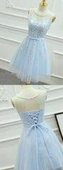 Light Blue Round Neckline Short Pretty Homecoming Dresses, Light Blue Wedding Party Dresses