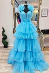 Light Blue Ruffle Straps A-Line Tiered Prom Dress