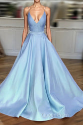 Light Blue Satin V-Neck Cross Back Evening Prom Dresses