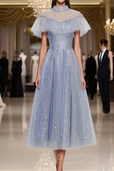 Light Blue Shiny Tulle High Neckline Homecoming Dresses Party Dresses, Blue Short Evening Prom Dresses