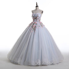 Light Blue Sweethart Flowers Ball Gown Formal Dresses, Blue Sweet 16 Dresses