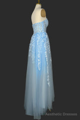 Light Blue Sweetheart Tulle Lace Prom Dresses Long Evening Party Dresses
